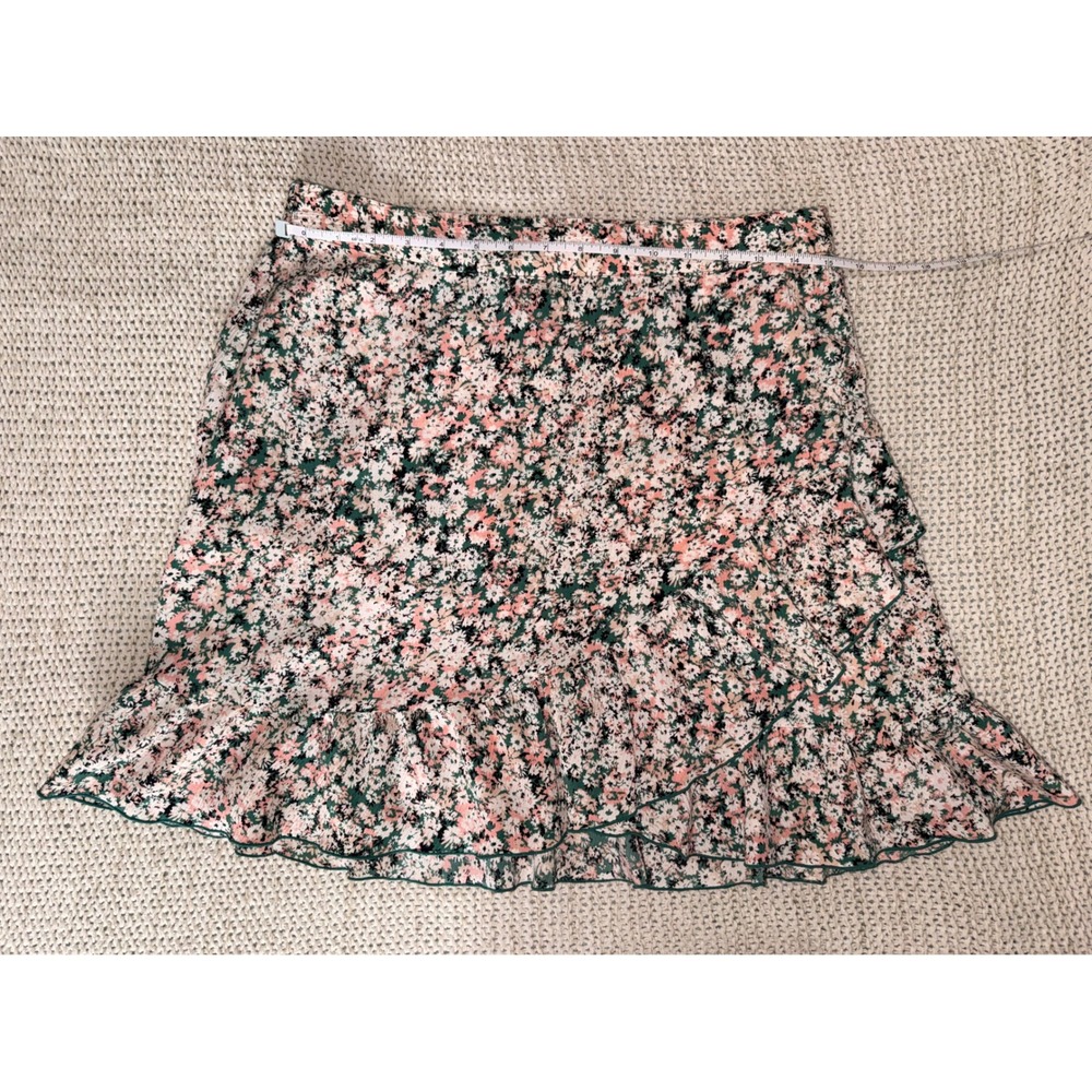 Floral Ruffle Mini Skirt Pink Green Ditsy Flower Tiered Lettuce Edge Wrap Style